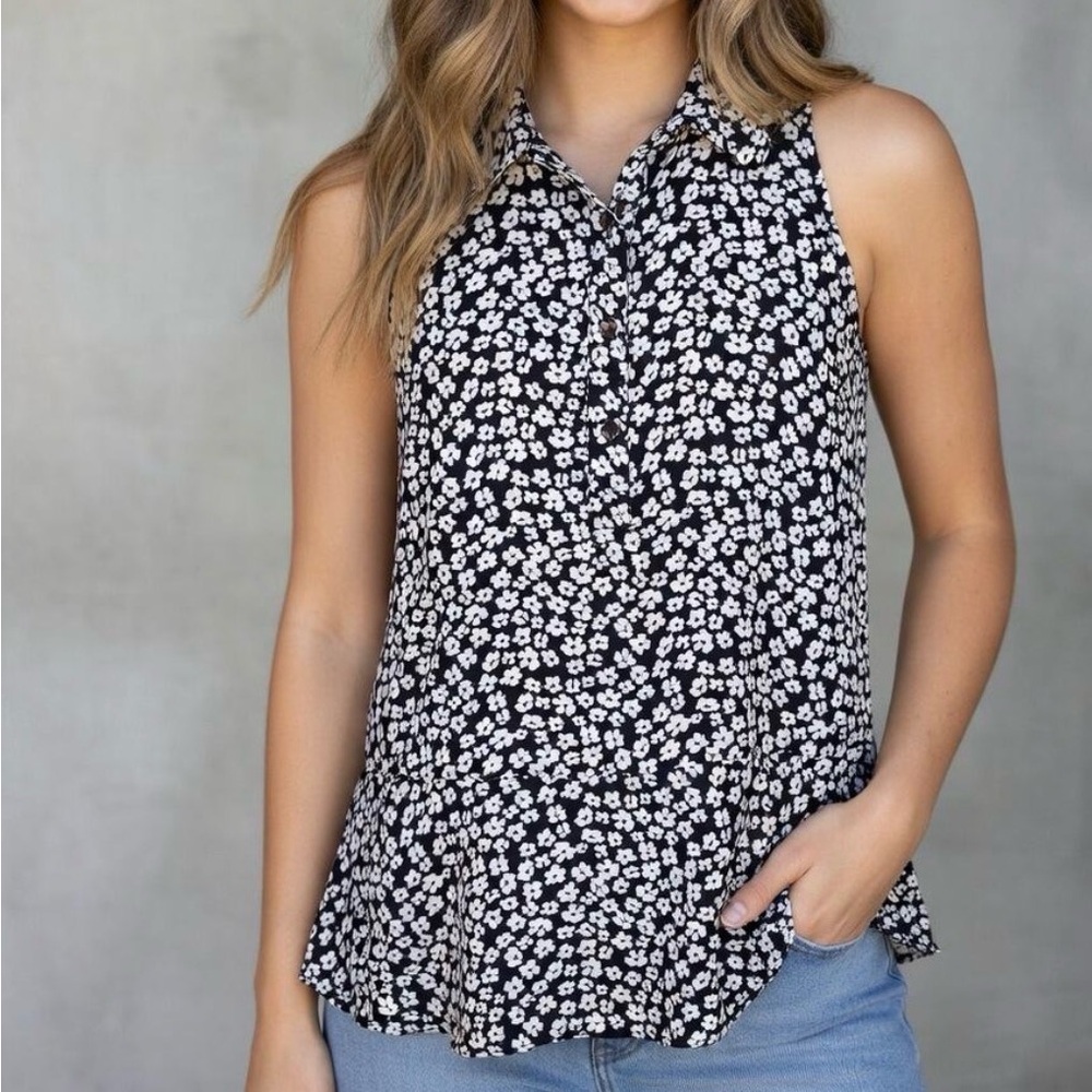 CAbi Black & White Floral Collared Sleeveless Camisole